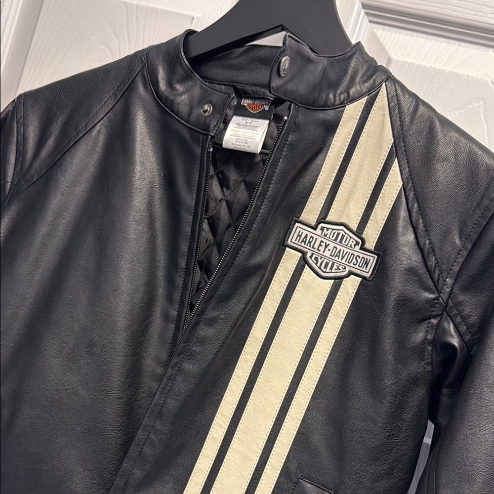 Harley-Davidson Black Leather Jacket with White Stripes - Picture 3 of 4